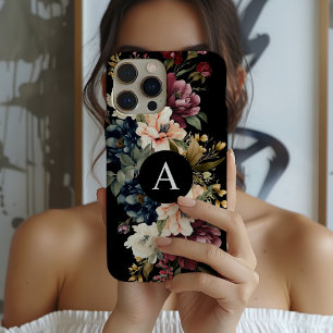Coque iPhone 15 Pro Aquarelle Floral noir Monogramme personnalisé