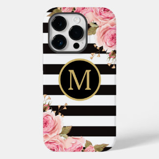 Coque Pour iPhone 14 Pro Aquarelle Florale Bandes noir et blanc Monogramme