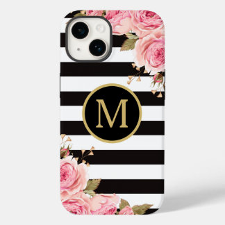 Coque Pour iPhone 14 Aquarelle Florale Bandes noir et blanc Monogramme