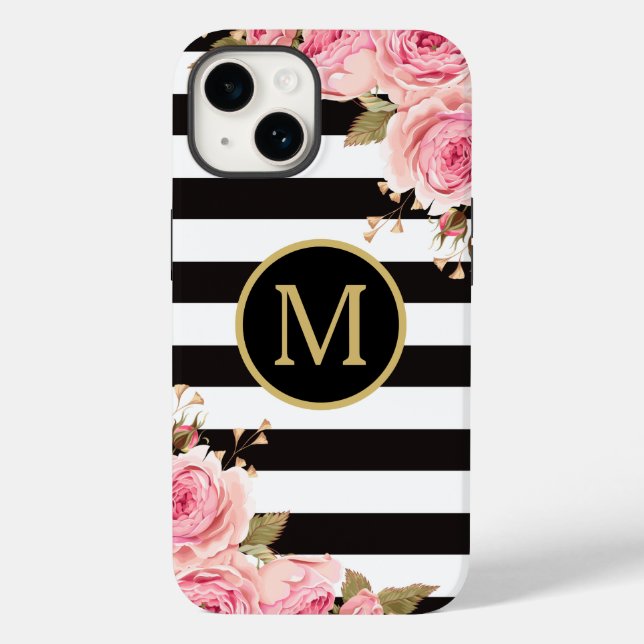 Coques Case-Mate iPhone Aquarelle Florale Bandes noir et blanc Monogramme (Verso)