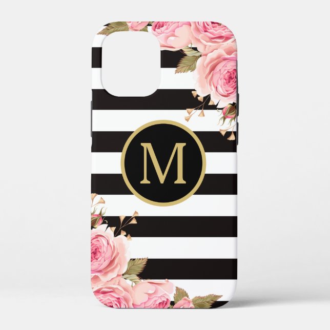 Coques Case-Mate iPhone Aquarelle Florale Nuances noir et blanc Monogramme (Verso)