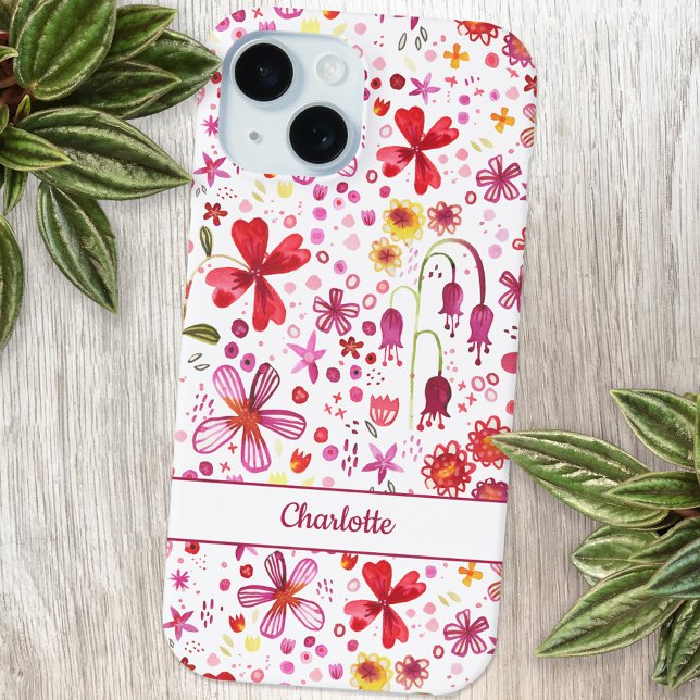 Coques Case-Mate iPhone Aquarelle florale personnalisée (Modern watercolor floral pink and white personalized name cell phone case)