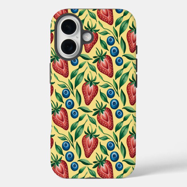 Coques Case-Mate iPhone Aquarelle fraise bleuet Motif sur jaune (Verso)