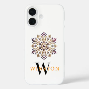 Coques iPhone 16 Aquarelle Golden Snowflake Magique Monogramme Blan