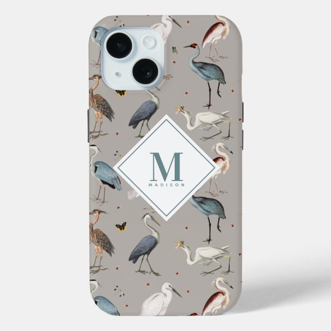 Coques Case-Mate iPhone Aquarelle Heron Bird Egret Nature Monogramme (Verso)