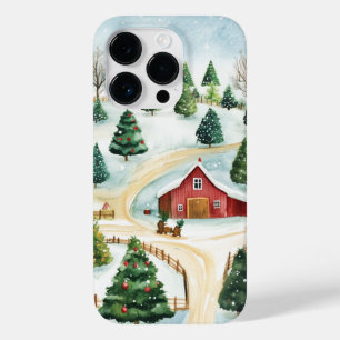 Coque Pour iPhone 14 Pro Aquarelle Hiver Paysage rustique avec Fir Trees