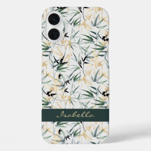 Coques iPhone 16 Plus Aquarelle japonais vert Motif en bambou d'or