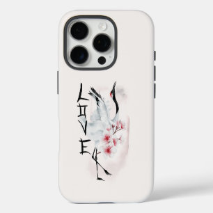 Coques iPhone 16 Pro Aquarelle Japonaise Sakura Blossom Love Crane
