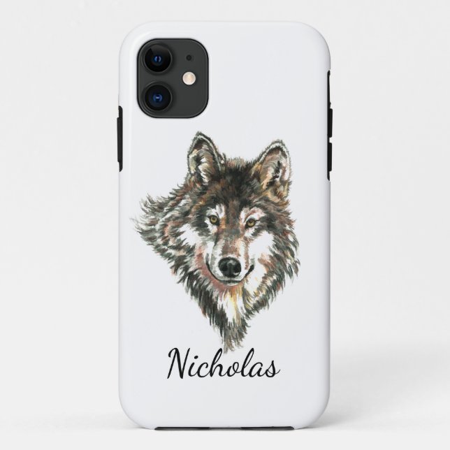 Coques Case-Mate iPhone Aquarelle Loup gris Nom personnalisé (Dos)