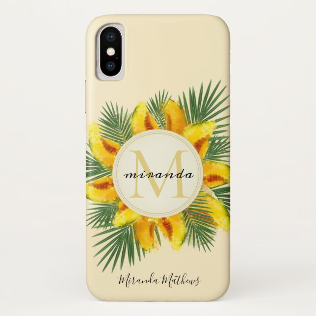 Coques Case-Mate iPhone Aquarelle Melon Feuille Tropical Wreath Monogramme (Dos)