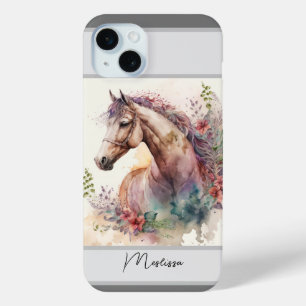 Coque iPhone 15 Mini Aquarelle moderne Horse rose Nom personnalisé