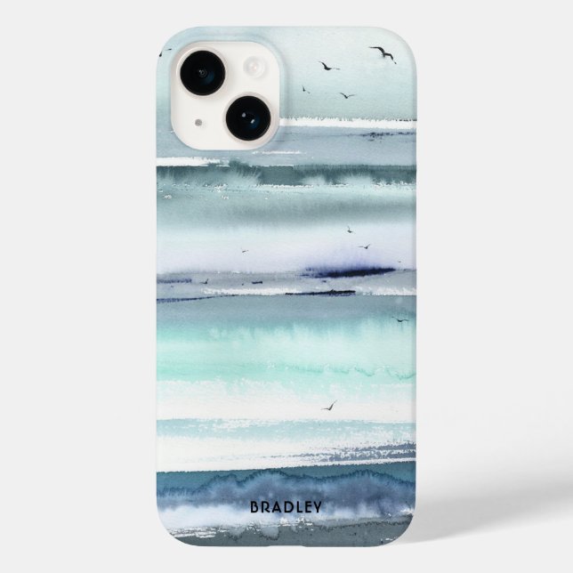 Coques Case-Mate iPhone Aquarelle moderne Ocean Sea Nom personnalisé (Verso)