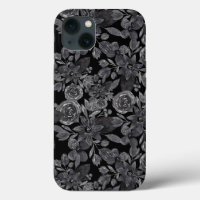 Aquarelle monochrome gris noir Feuilles floraux