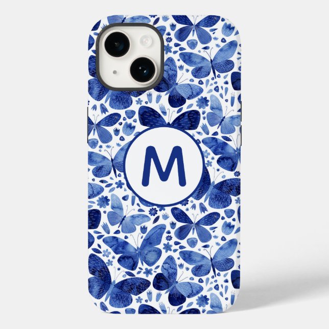 Coques Case-Mate iPhone Aquarelle Monogramme Bleu (Verso)