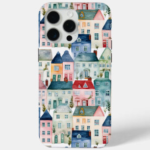 Coque iPhone 15 Pro Max Aquarelle Noël Maisons motif sans soudure.