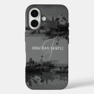 Coques iPhone 16 Aquarelle noire abstraite peinture gris monogramme