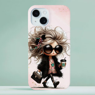 Coque Pour iPhone 15 Aquarelle noire Quirky Urban Girl Coffee Run
