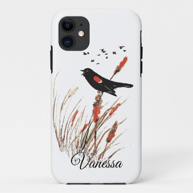 Coques Case-Mate iPhone Aquarelle Oiseau-noir à ailes rouges - Collection  (Dos)