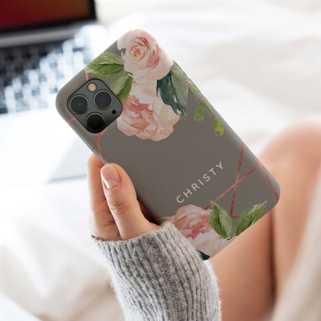 Coques Case-Mate iPhone Aquarelle or Rose Monogramme Floral gris chaud (Monogram modern elegant blush pink watercolor botanical floral with rose gold foil geometric frame.)