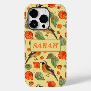 Coque Pour iPhone 14 Pro Aquarelle orange Oiseaux et Motif de grenade