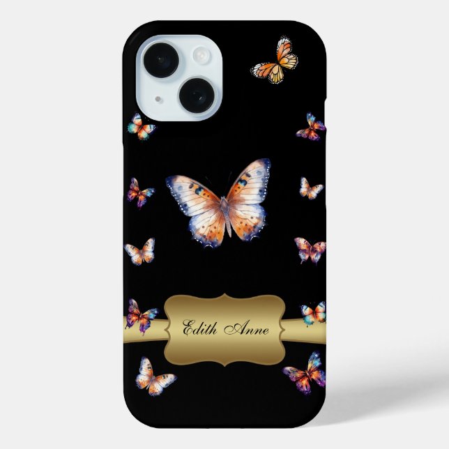 Coques Case-Mate iPhone Aquarelle Papillon Or Monogramme personnalisé (Verso)