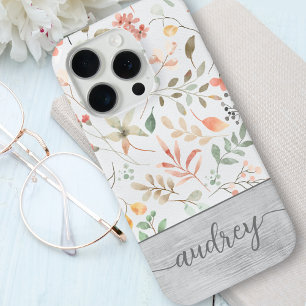 Coque iPhone 15 Pro Aquarelle personnalisée Cute Monogramme en bois fl