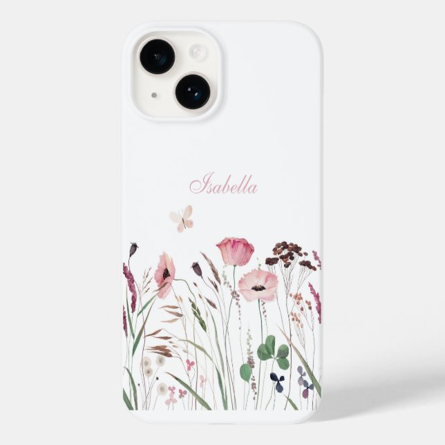 Coques Case-Mate iPhone Aquarelle Pink Poppy Meadow Nom personnalisé (Verso)