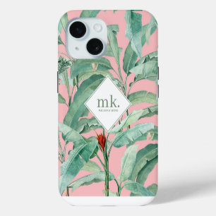 Coque Pour iPhone 15 Aquarelle rose banane tropicale Feuilles Monogramm