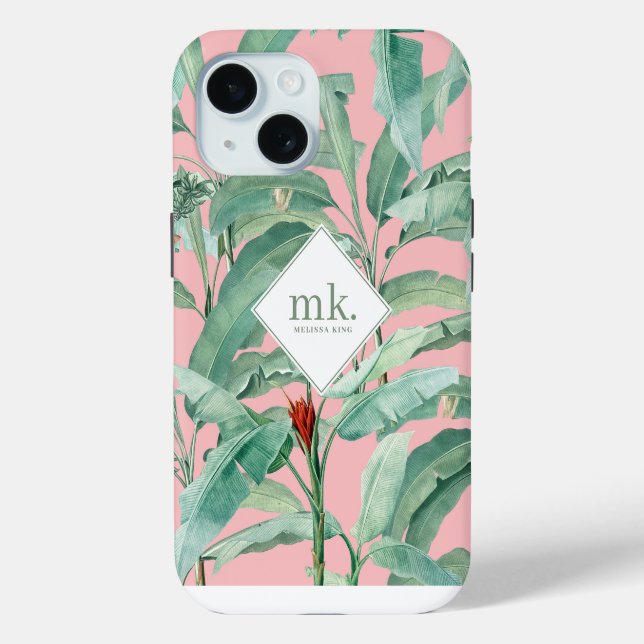Coques Case-Mate iPhone Aquarelle rose banane tropicale Feuilles Monogramm (Verso)