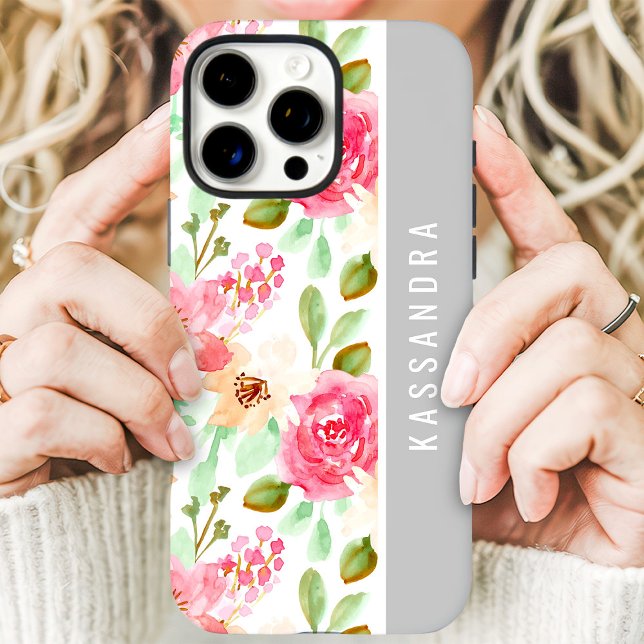 Coques Case-Mate iPhone Aquarelle rose Floral Botanique Nom personnalisé (Créateur téléchargé)