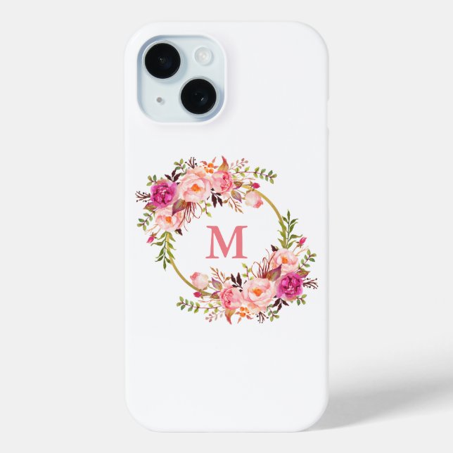 Coques Case-Mate iPhone Aquarelle rose Floral Wreath Monogram (Verso)