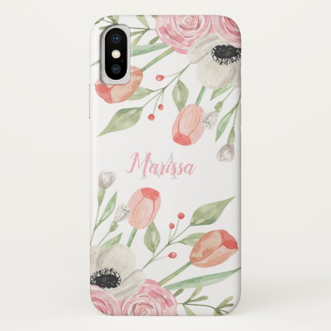 Coques Case-Mate iPhone Aquarelle rose pâle Monogramme floral (Dos)