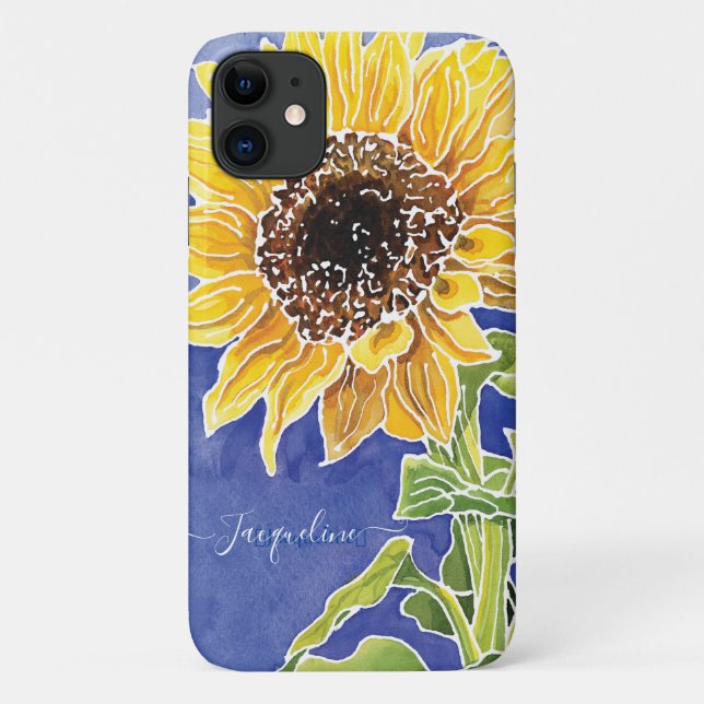 Coques Case-Mate iPhone Aquarelle Tournesol Batik Bleu et Jaune Floral (Dos)