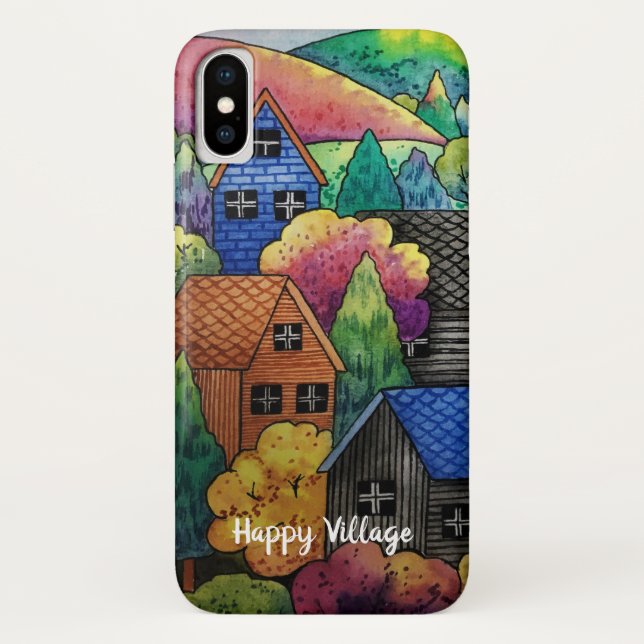 Coques Case-Mate iPhone Aquarelle Village Sur La Colline Avec Maisons Colo (Dos)