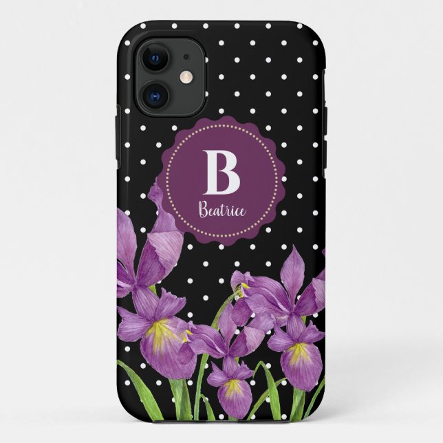 Coques Case-Mate iPhone Aquarelle violet Iris noir blanc Pois (Dos)