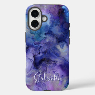 Coques iPhone 16 Aquarelle violette et bleu Galaxy