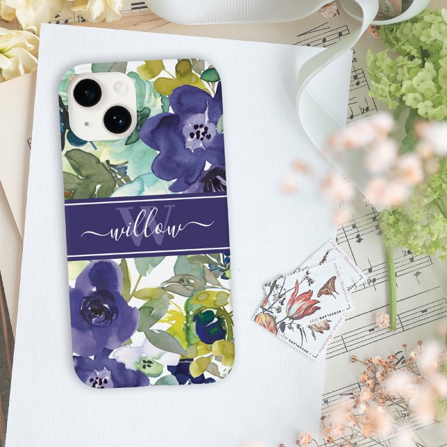 Coques Case-Mate iPhone Aquarelle violette Nom floral Monogramme (Créateur téléchargé)