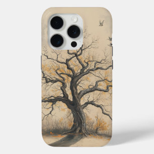 Coque iPhone 15 Pro Arbre Automnal aux contours sombres Silhouette Vin