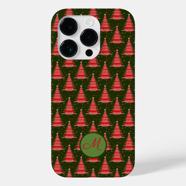 Coques Case-Mate iPhone Arbre de Noël Motif vert rouge avec Monogramme (Verso)