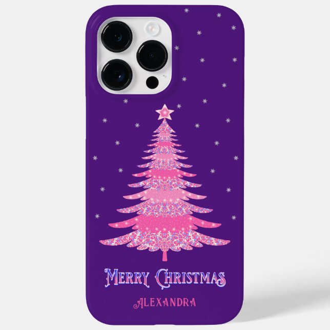 Coques Case-Mate iPhone Arbre de Noël rose Nom personnalisé Purple (Verso)