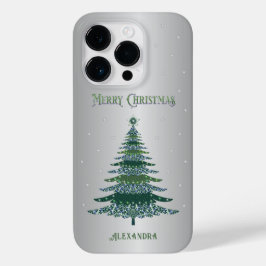 Coque Pour iPhone 14 Pro Arbre de Noël vert Nom personnalisé Argent