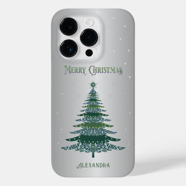 Coques Case-Mate iPhone Arbre de Noël vert Nom personnalisé Argent (Verso)