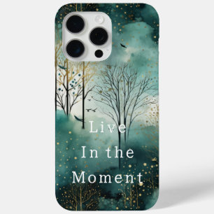 Coque iPhone 15 Pro Max Arbres verts en or avec oiseaux Noël