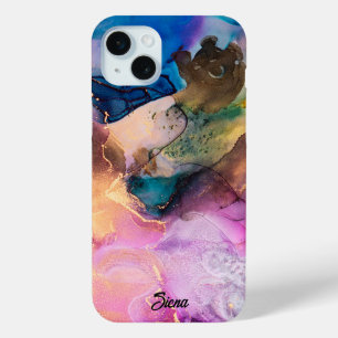 Coque iPhone 15 Mini Arc-en-ciel moderne coloré Marbré Nom personnalisa