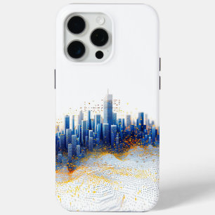 Coque iPhone 15 Pro Max Architecture urbaine pointillisée bleue et jaune