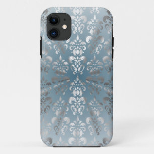 Coques Pour iPhone Argent et gris/bleu damassé
