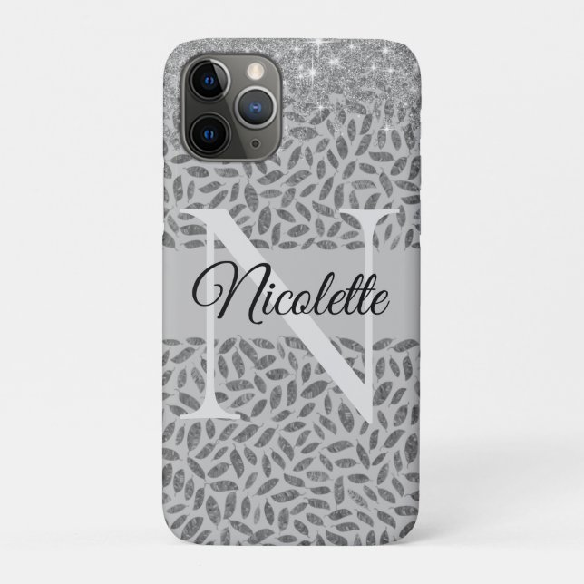 Coques Case-Mate iPhone Argent Glitterie Plumes Monogramme Élégant (Dos)