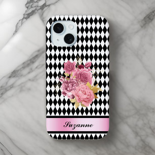 Coque Pour iPhone 15 Arlequin noir blanc avec fleur rose et nom