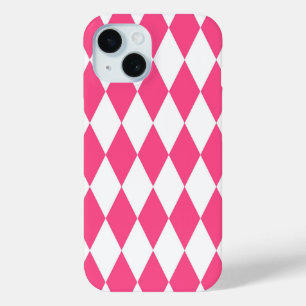 Coque Pour iPhone 15 Arlequin rose blanc Diamants Checkers Design
