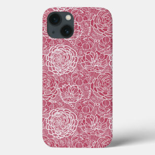iPhone 13 Case Arrière - plan bleu de motif de fleurs de dentelle